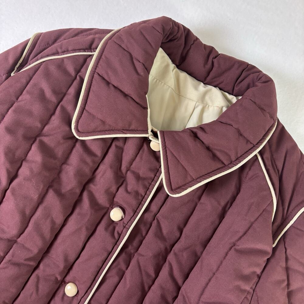 Vintage 80s Quilted Puff Coat Burgundy Womens XL Piped Barn Jacket Retro Momcore